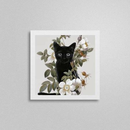 Quadro Gato Preto Com Flores 20x20cm - Quadros On-line Imagem de Quadro Gato Preto Com Flores 20x20cm