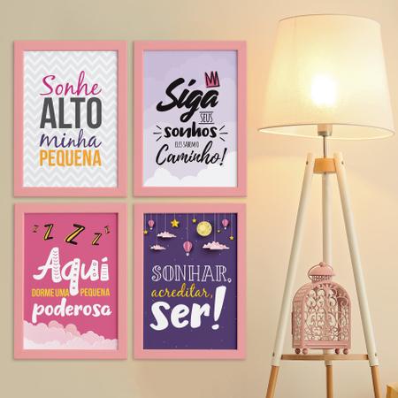 Imagem de Quadro Infantil Frase Menina Moldura Rosa 4un 22x32cm