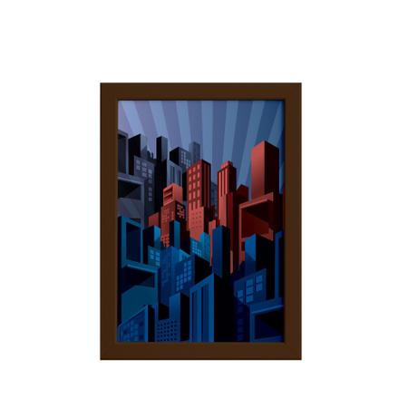 Imagem de Quadro Super Heróis Geek Cidade Moldura Marrom 22x32cm