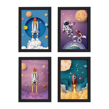 Imagem de Quadros Astronauta no Espaço Moldura Preta 33x43cm Kit 4un