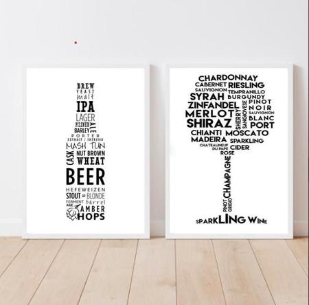 Imagem de Quadros Cerveja e Vinho 33x24cm - Vidro e Moldura Branca
