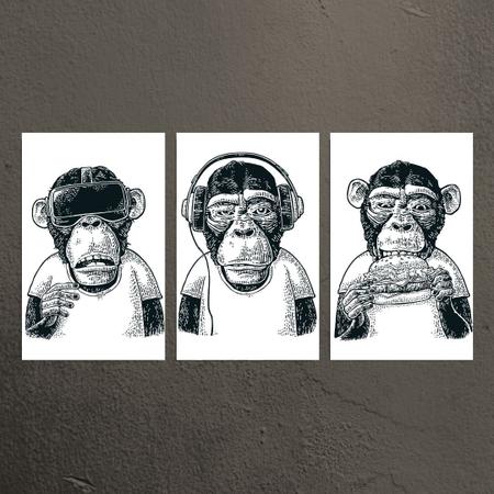 Conjunto Com Três Telas - Macacos Engraçados - 60x40cm - Bela Arte