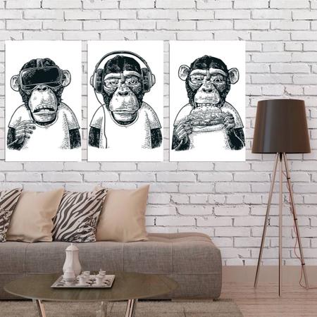 Quadros Decorativos - 3 Telas - Macacos Engraçados - 70x40cm