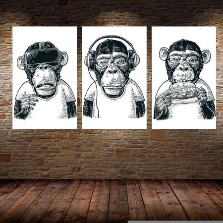 Quadros Decorativos - 3 Telas - Macacos Engraçados - 70x40cm