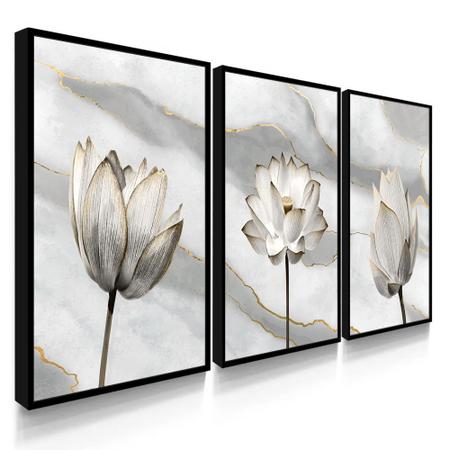 Imagem de Quadros Decorativos com Moldura Sala Abstrato Flores Mármore Branco