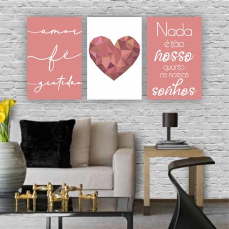 Imagem de Quadros Decorativos quarto frases Amor Fé Gratidão Coração Rose Escrito Branco