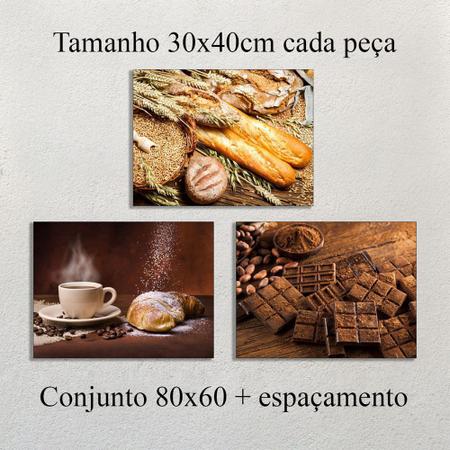 Imagem de Quadros Decorativos Trio Café Pão E Chocolate 30x40cm Para Cozinha Padarias Lanchonete Em Adesivos Vinil Moldura 