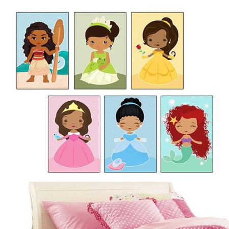 Imagem de Quadros infantis Princesas Negras kit 6 peças 20x30cm Quarto Meninas Cute