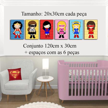Imagem de Quadros infantis Super Heroínas kit 6 peças 20x30cm quarto meninas - D.Lima produtos