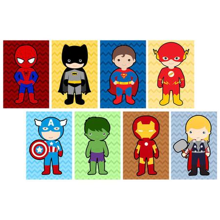Imagem de Quadros infantis Super Heróis kit 8 peças 20x30cm quarto meninos
