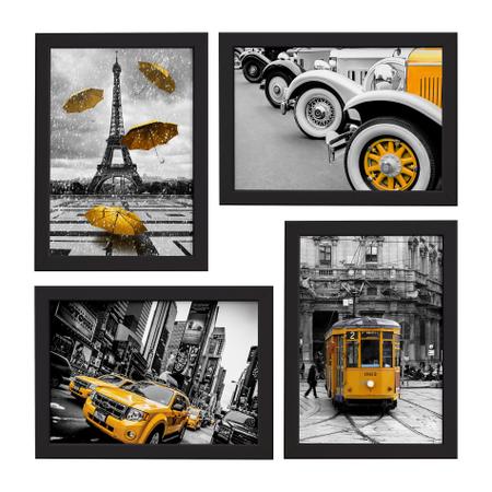 Imagem de Quadros Paris New York Cidades Amarelo 22x32cm Moldura Preta 4 un