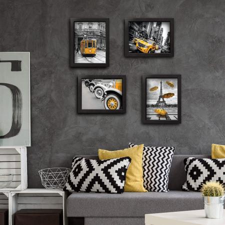 Imagem de Quadros Paris New York Cidades Amarelo 22x32cm Moldura Preta 4 un