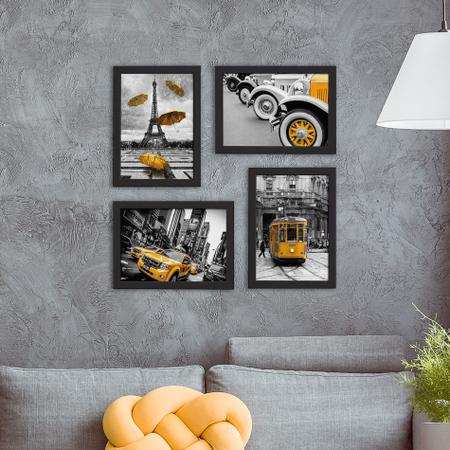 Imagem de Quadros Paris New York Cidades Amarelo 22x32cm Moldura Preta 4 un