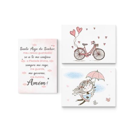 Imagem de Quadros Placa Decorativos Infantil Oração Santo Anjo Para Quarto de Menina Guarda Chuva Bicicleta