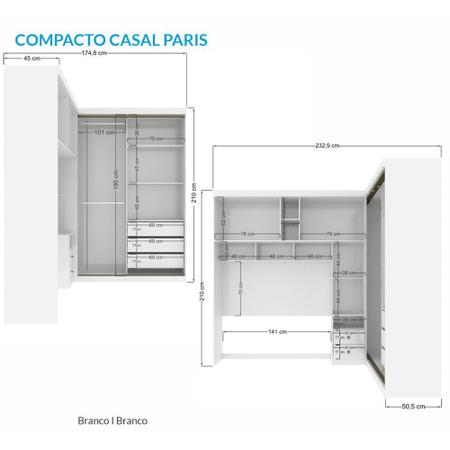 Imagem de Quarto Compacto Modulado Casal Paris com 2 Portas de Correr Branco Santos Andirá