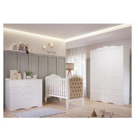 Imagem de Quarto de Bebê 3 Peças com Berço Capitonê Cômoda 4 Gavetas e Guarda Roup. 4 Pts 4 Gavetas Aquarella Espresso Móveis Branco