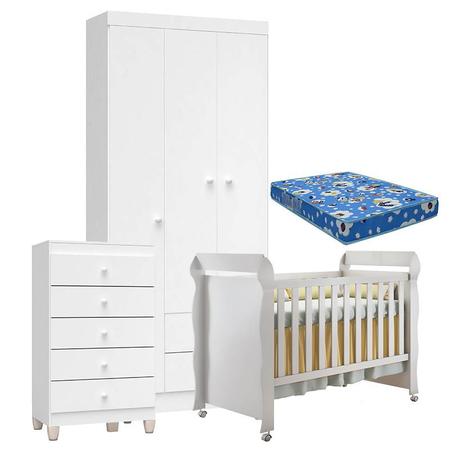 Imagem de Quarto de Bebê 3 Portas com Gaveteiro Ternura Baby e Berço Mirelle Branco Brilho com Colchão - Incorplac