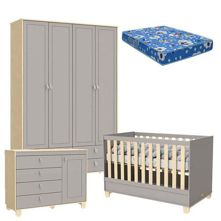Quarto de Bebê 4 Portas Cômoda com Porta Rope Natural Cinza e Colchão - Matic - Matic Moveis Imagem de Quarto de Bebê 4 Portas Cômoda com Porta Rope Natural Cinza e Colchão - Matic