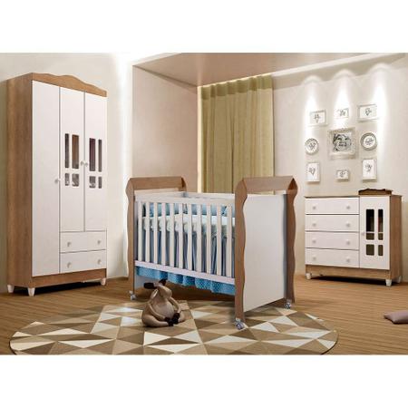 Imagem de Quarto de Bebê Ariel II Berço Guarda-Roupa Cômoda Branco Colchão Baby D18 (10x70x130) Branco e Marrom Infantil
