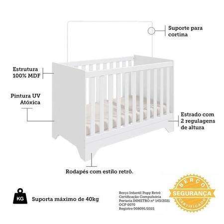 Imagem de Quarto de Bebê Cômoda 1 Porta com Janela e Berço Minicama 100% Mdf Ravy Espresso Móveis Branco Brilho