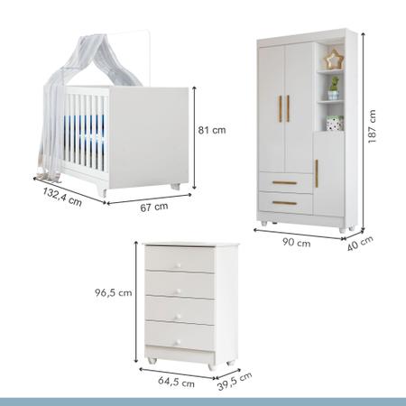 Quarto de Bebê Completo 100% MDF com Cômoda Berço e Guarda Roupa 1 MDF Nina  Branco/Amadeirado - CasaTema