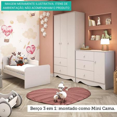 Quarto de Bebê Completo C/ Guarda Roupa 3 Portas Cômoda Berço Americano 3  em 1 Ben Plus Móveis Peroba Branco Brilho - Branco Brilho Ben Plus