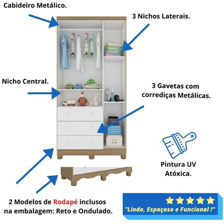 Imagem de Quarto de Bebê Completo com Berço Americano Ben 3 Em 1 Guarda Roupa 3 Portas e Cômoda Uli 4 Gavetas Móveis Peroba