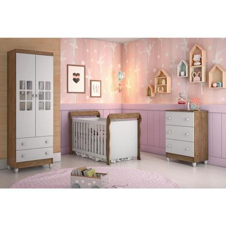 Quarto De Bebê Completo Lara Berço + Guarda Roupa 3 Portas e Cômoda  Fraldário Branco Amadeirado Carolina Baby