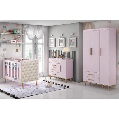 Imagem de Quarto de Bebê Retrô Guarda Roupa 3P Ludmila Cômoda Berço c/ Capitonê Lorena Rosa Carolina Baby