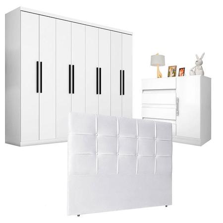 Imagem de Quarto de Casal Guarda Roupa 1684 e Cômoda Exellence 8000 com Cabeceira Luiza 140 cm Branco - Araplac