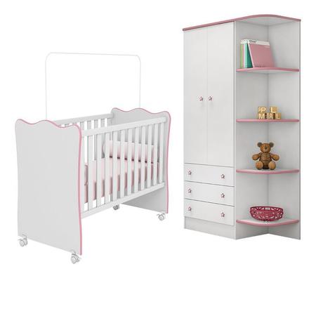 Imagem de Quarto de Infantil Roupeiro E Berço  Doce Sonho 5   Branco e Rosa - Qmovi