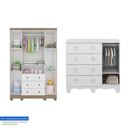 Imagem de Quarto Infantil com Berço Mini Cama Cloe, Guarda Roupa 4 Portas e Cômoda 4 Gavetas Uli Móveis Peroba Branco/Carvalho 