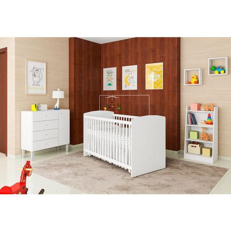 Imagem de Quarto Infantil Completo Berço Multifuncional 4 X 1 Cômoda 4 Gavetas 1 Porta Estante 4 Prateleiras Nicho Pequeno Ternura Branco - Art In Móveis