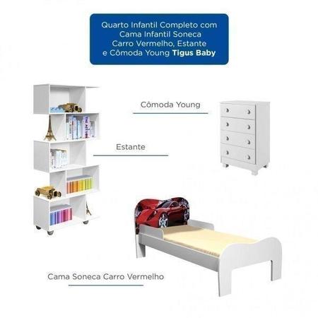 Imagem de Quarto Infantil Completo com Cama Infantil Soneca Carro Vermelho, Estante e Cômoda Young Tigus Baby