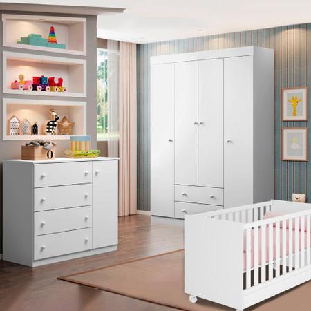 Quarto Infantil Completo Elisa com Guarda Roupa 4 Portas, Cômoda 1 Porta e  Berço 2 em