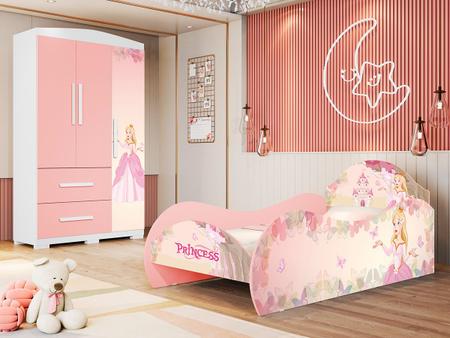 Jogo de Quarto Infantil Cama e Guarda Roupa Princesa Rosa em