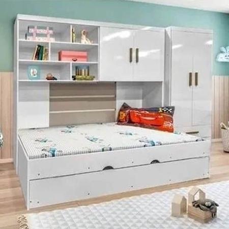 Imagem de Quarto Modulado Juvenil Completo com Cama de Solteiro e Cama Auxiliar Jade Branco - Phoenix Baby