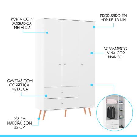 Imagem de Quarto Solteiro Completo Armário e Cômoda Retrô MDP Branco MENU