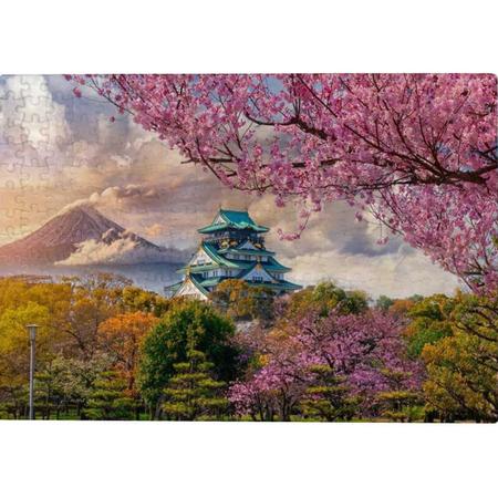 Quebra-cabeça no fundo, quebra-cabeças de madeira, estilo japonês, natureza  com um templo ao amanhecer