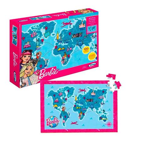 Quebra-Cabeça - 100 Peças - Madeira - Barbie - Mapa Mundi Travel - Xalingo