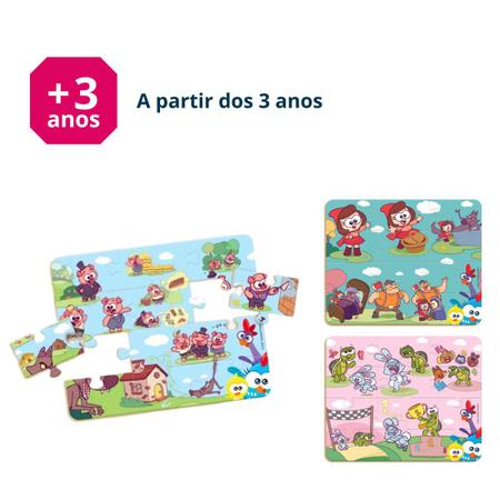 Imagem de Quebra Cabeça Infantil 12pcs em Madeira Galinha Pintadinha 3 Contos Clássicos Meina Menino Chápeuzinho Vermelho Lebre e Tartaruga Os três Porquinhos