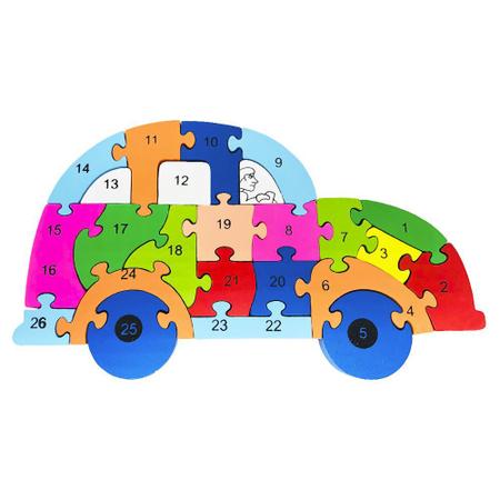 Quebra Cabeça Infantil 3D Madeira MDF Alfabeto 26 Peças Carro Toy