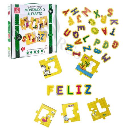Imagem de Quebra Cabeça Montando o Alfabeto Brincadeira de Criança 52 Peças em Madeira Didático Pedagógico Escolar