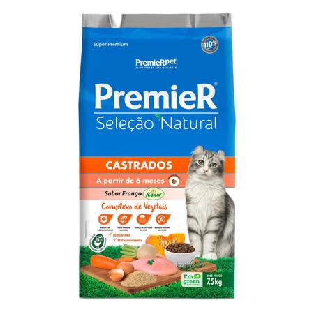 Imagem de Ração Premier Seleção Natural Gatos Castrados sabor Frango 7,5 Kg