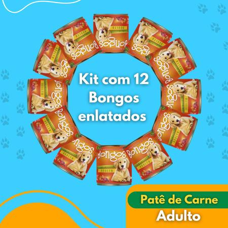 Imagem de Ração umida bongos p/ caes adultos alimento sabor carne petisco pate  kit c/ 12