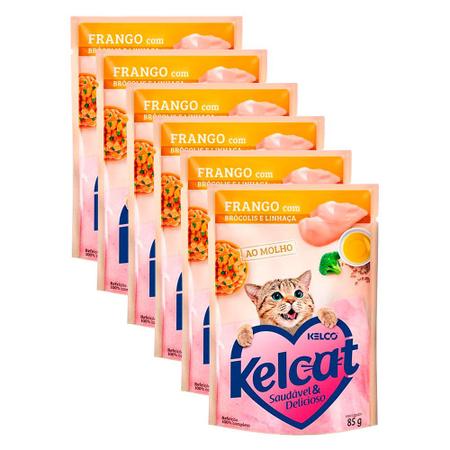 Imagem de Ração Úmida para Gatos Kelcat Sabor Frango com Brócolis e Linhaça em Sachê 85g  Kit com seis unidades
