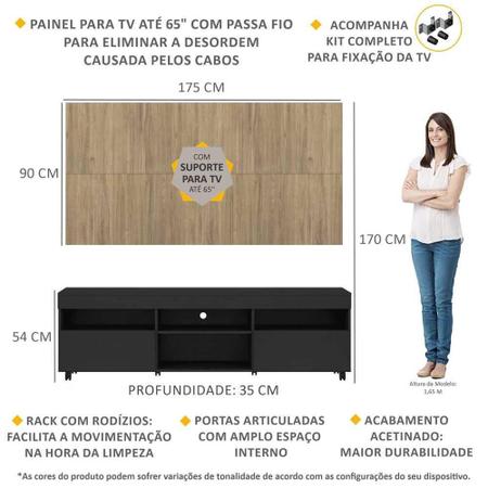 Imagem de Rack c/ Painel e Suporte TV 65" Rodízios e 2 portas Londres Multimóveis Preto/Rustic