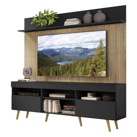 Imagem de Rack com Painel e Suporte TV 65" Madri Multimóveis Preto/Rustic com Prateleira e Pés Retrô Natural