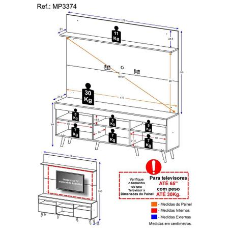 Imagem de Rack com Painel e Suporte TV 65" Madri Multimóveis Preto/Rustic com Prateleira e Pés Retrô Natural