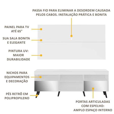 Imagem de Rack com Painel Retrô com Espelho para TV até 65" Multimóveis Flórida FG3138 Branco/Preto
